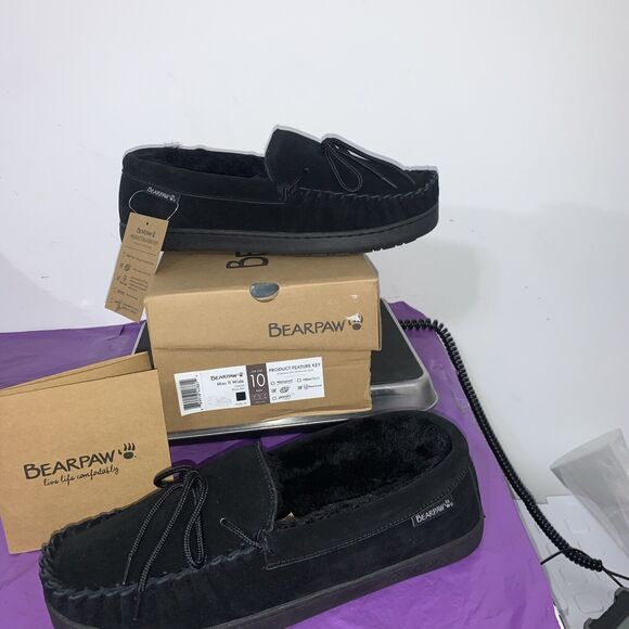 BearPaw Other - Bearpaw Moc II -Wide Men's Sheepskin Slippers - 2382M Black - US Size 12 Wide